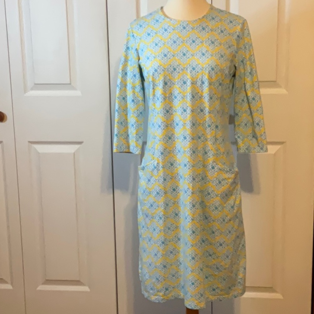 J. McLaughlin Blue White‎ Yellow Dress Pockets Medium